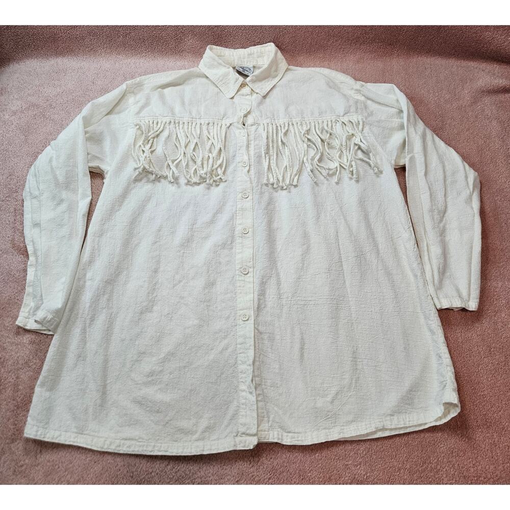 Color Me Cotton CMC White Crinkle Cotton Tassel Fringe Western Button Up L Shirt